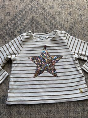 Joules Cream Striped Long Sleeve Top with Multicolor Sequin Star